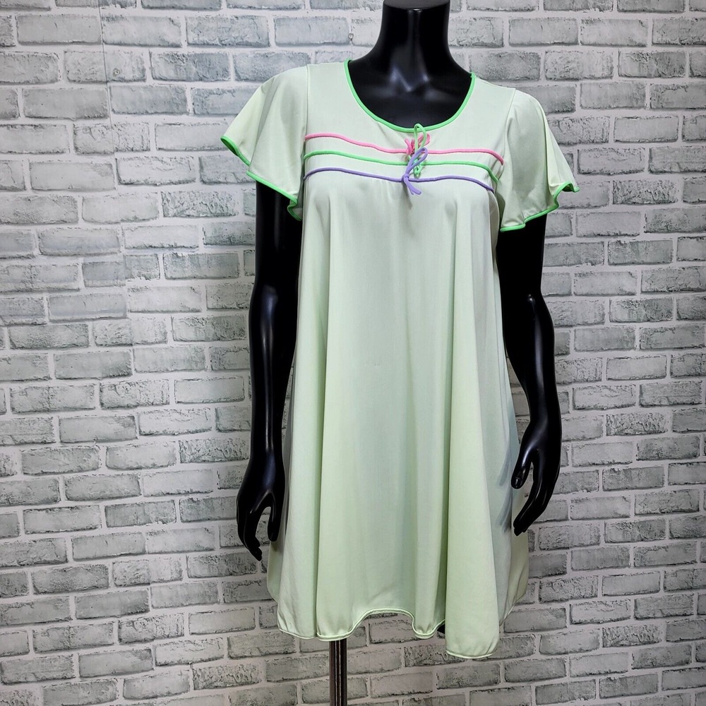 Vintage 80s Lorraine‎ Womens S Green Flowy Short Nightgown Colorful Piping